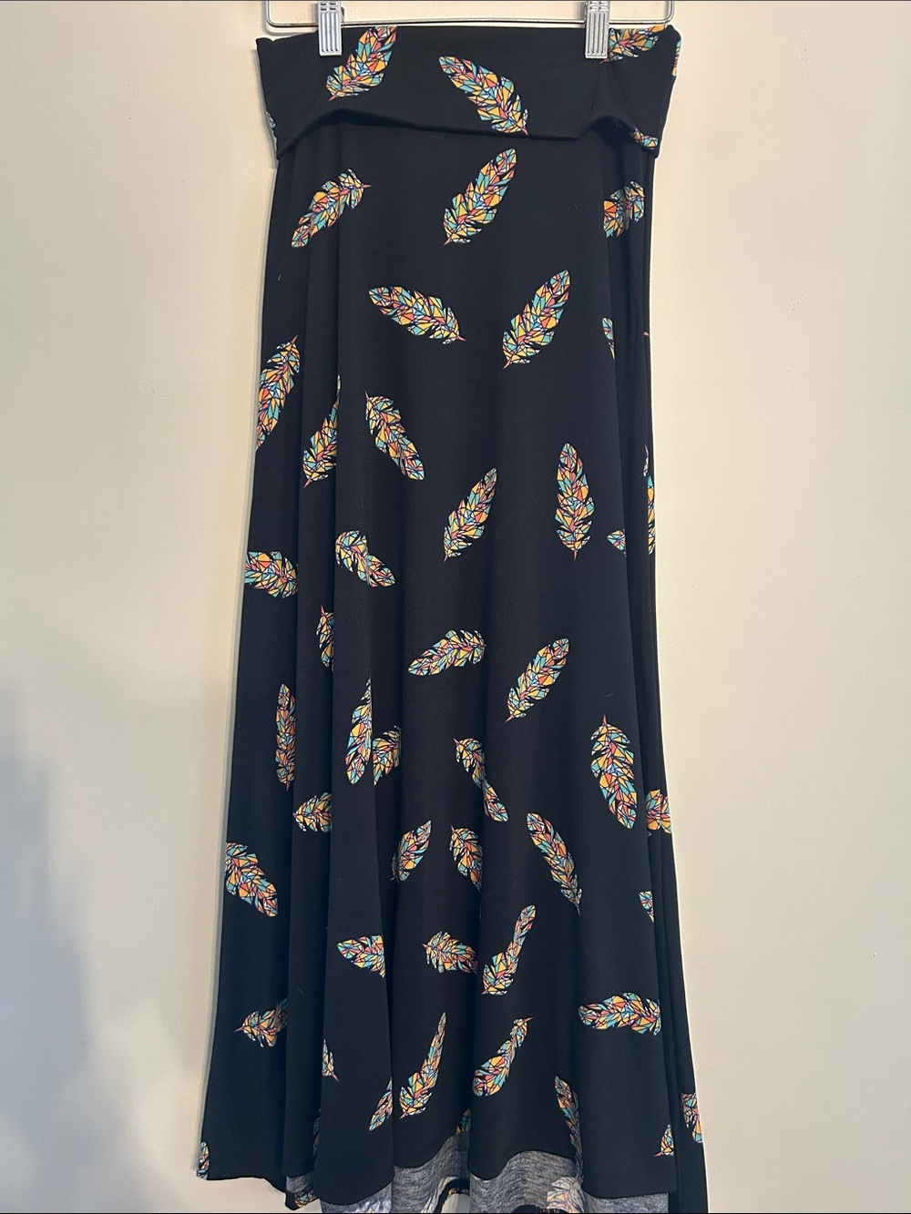 LuLaRoe Black Maxi Skirt with Multicolor Feather Print